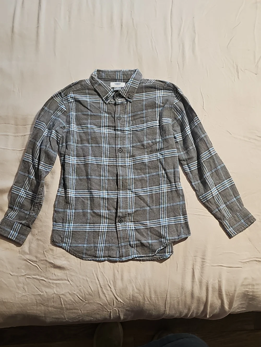 Old Navy Gray Plaid Button-Down Shirt with Light Blue Accents
